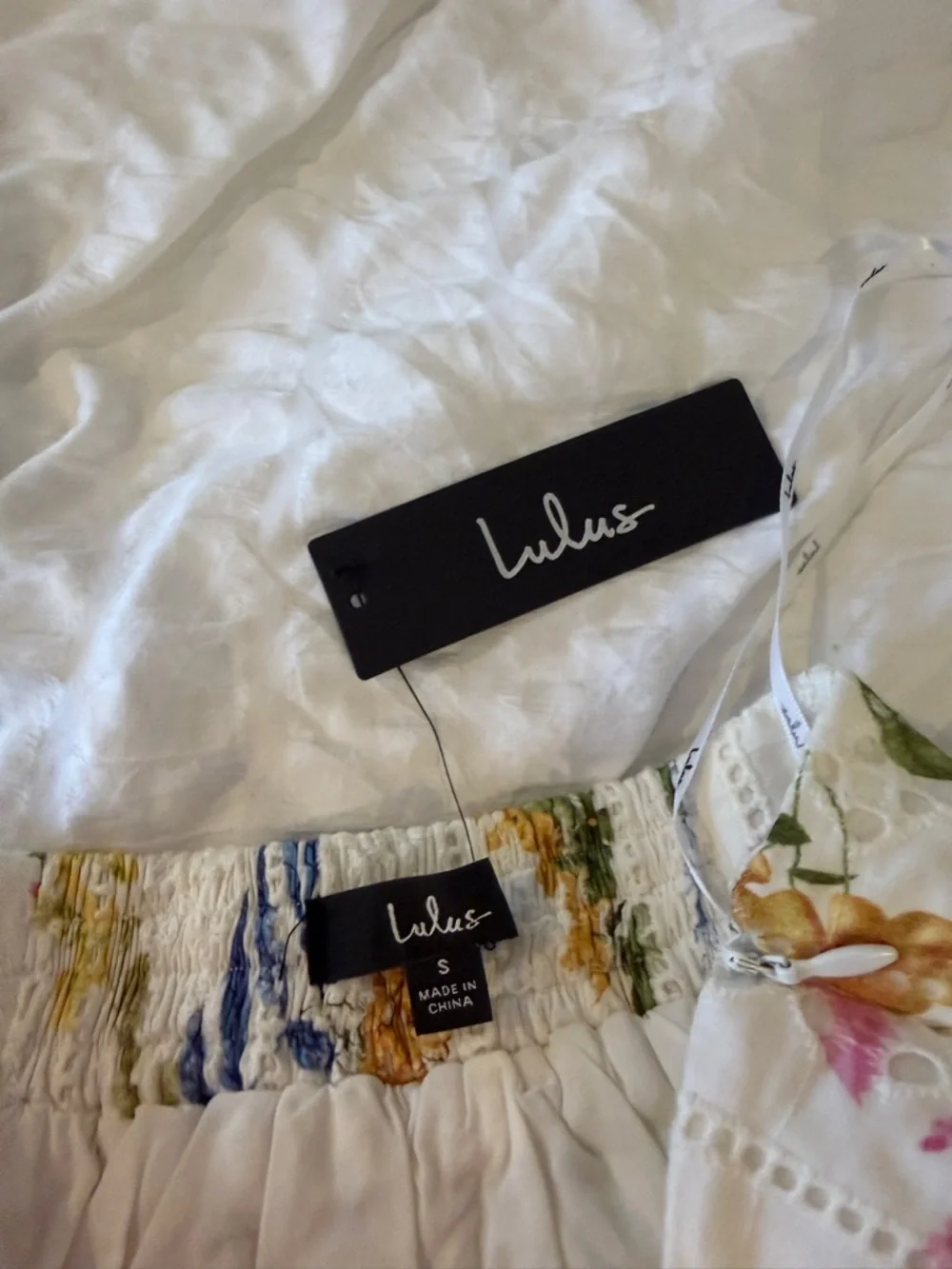 Lulu's White A-Line Eyelet Skirt with Pink, Blue & Yellow Floral Print - Picture 2 of 5